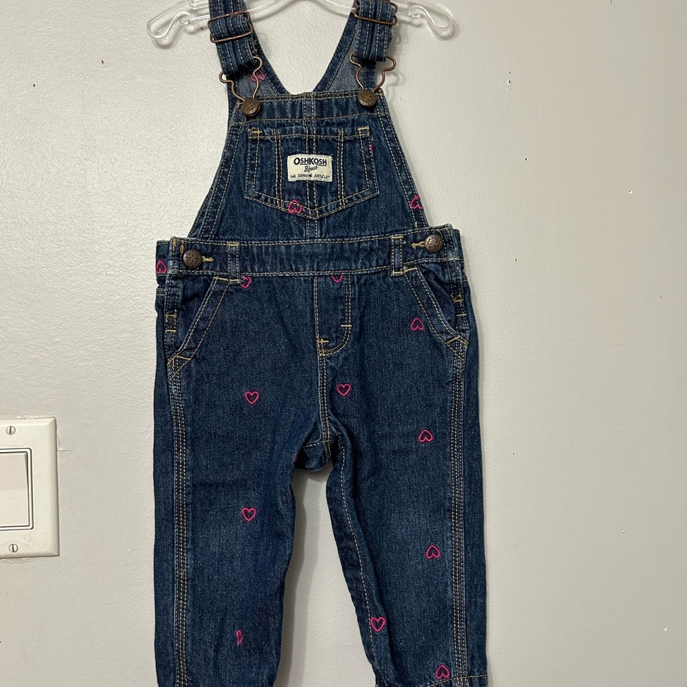 OshKosh B'gosh Blue Denim Overalls  with Pink Hearts size 9m